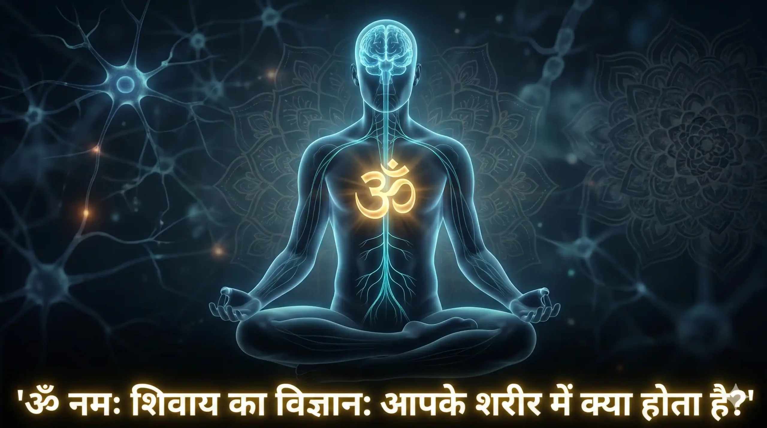 ॐ नमः शिवाय का विज्ञान और ध्वनि चिकित्सा दर्शाती हुई एक तस्वीर, जिसमें रुद्राक्ष की माला और स्टैथोस्कोप रखे हैं।